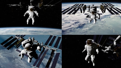 3D Astronaut Floating in Orbit Near International Space Station