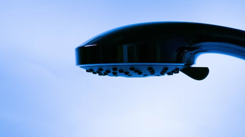 Shower Head Sprays Water, Close Up