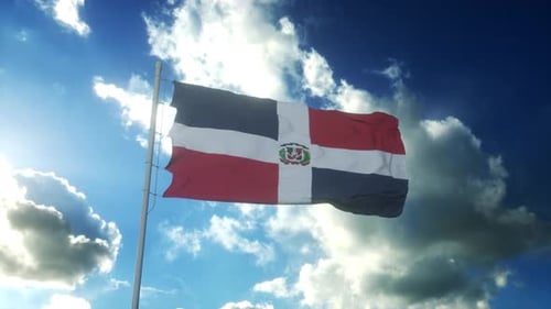Dominican Republic Flag Waving Against a Bright Blue Sky