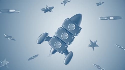 3D Cartoon Spielzeug Rakete zwischen Sternen Blauer Kinder-Hintergrund