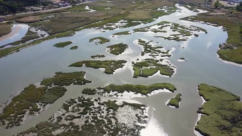 Aerial View Over Swamps, Beautiful Sky Reflection In Water - drone descending