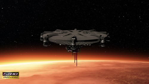 Futuristic Spacecraft Flying Over a Planet and Through a Starfield