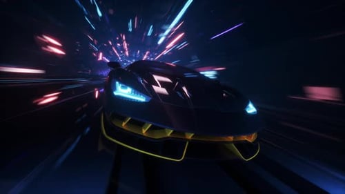4K looped Speed racing fake 3D Video game car in front. Neon tunnel