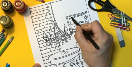 Hand Drawing Charming Interior Scene with Black Pen