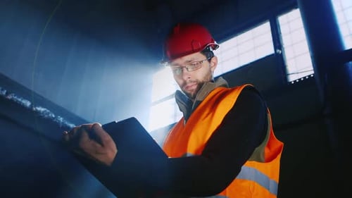 The Ingineer Works in a Warehouse Uses a Tablet