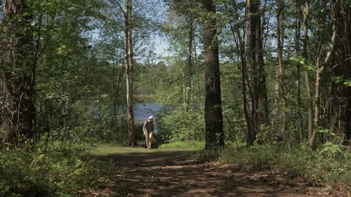 The Young Man Goes To the Camera From the Shore of a Forest Lake. Tourism on Forest Lakes