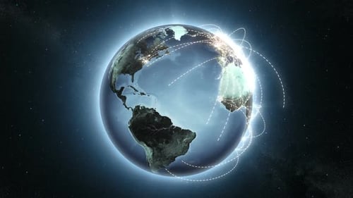 World connections with city lights. Gray. Spinning Earth with light lines.