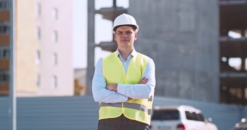 Young Architect Stands Proudly at Building Site