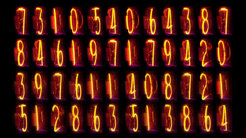 Retro Futuristic Grid of Changing Glowing Red Numbers