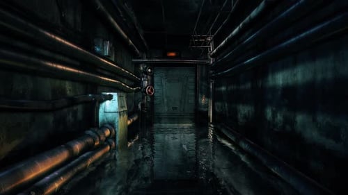 Dark Industrial Corridor Flythrough with Rotating Valve and Metallic Door