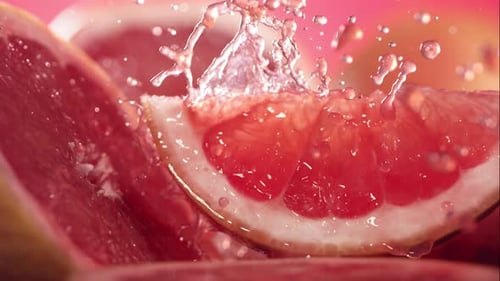 Water Splashing Over Sliced, Juicy Grapefruit Pieces