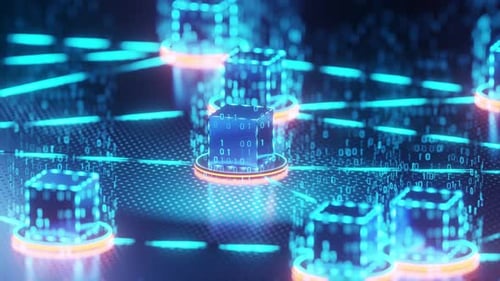 As caixas de blockchain são conectadas para criptografar a criptomoeda. Profundidade de campo