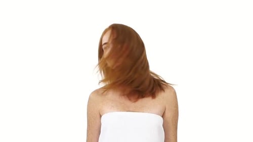 Lovely Redhead Woman in Towel, Wave of Hair, Slow Motion, Close Up, Bathroom