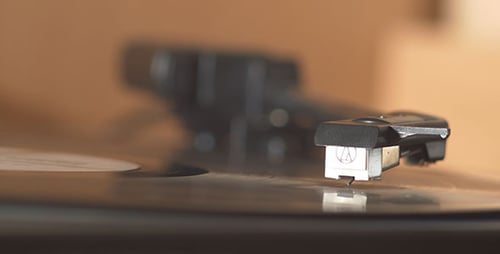 Vinyl Record Spinning on a Turntable, Close-Up