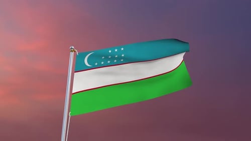 Uzbekistan Flag Waving Against Sunset Sky