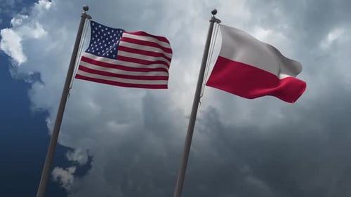 USA and Poland Flags Waving in Cloudy Sky