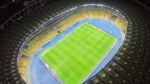 Footballers Playing Match on Field, Stadium, Fan-Zone, Aerial