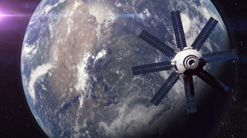 Realistic 3D Satellite Deploying Solar Panels Orbiting Earth