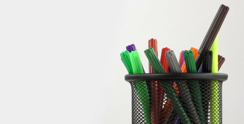 Colorful Markers in Black Metal Basket, Zoom