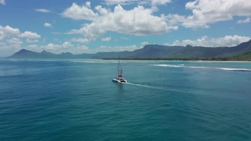 Aerial View Mauritius Sailboat Catamaran in Blue Lagoon