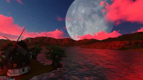 Surreal Island Landscape with Giant Moon, Windmill, and Crimson Sky