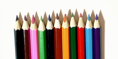 Colored Pencils Lined Up on White Background