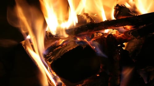 Close-Up of Vibrant Fire Burning Wood Logs