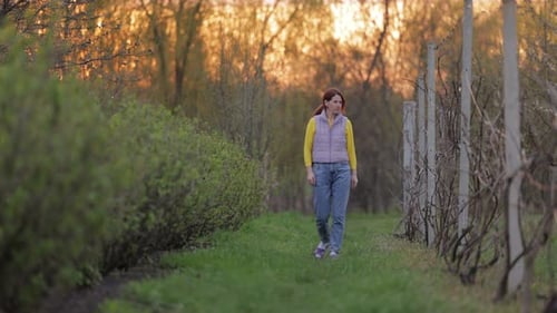 Woman Strolling Along Rural Path at Sunset