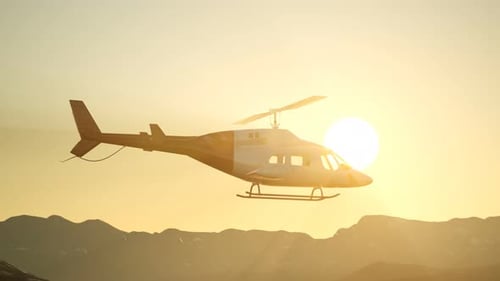 3D Helicopter Flying at Sunset Over Mountains