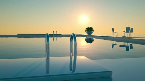 Fantastischer weißer und blauer Pool mit kristallklarem Wasser bei Sonnenuntergang
