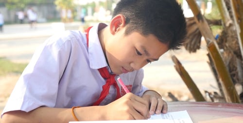 Young Student Writing at Desk Outdoors