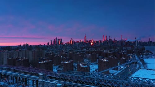 Aerial view on NYC at sunset after the snowstorm