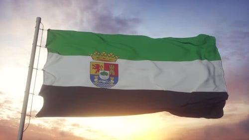 Flag of Region of Murcia Waving at Golden Sunset