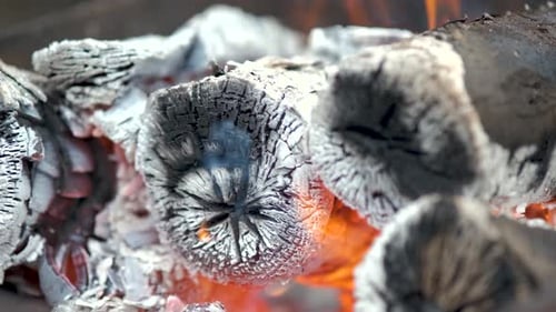 Close up of brightly burning wooden logs with yellow hot flames of fire.