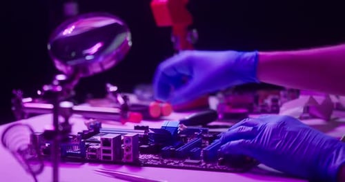 Closeup of Assembling Motherboard in Neon Light Fixing Details for Gadget in Protective Blue Gloves
