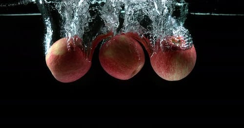 900459 Apples, malus domestica, Fruits entering Water against Black Background, Slow Motion 4K