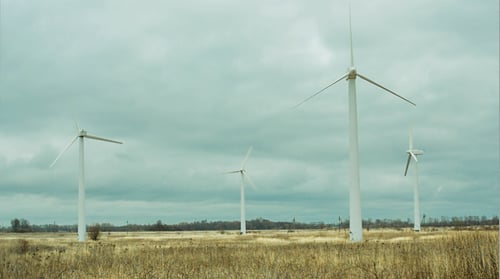 Wind Turbines Spinning in Field on Cloudy Day