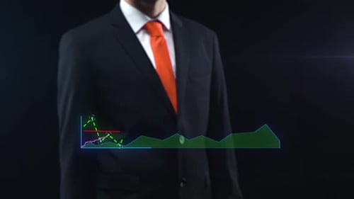 Adult Pointing to Futuristic Graph on Black Background