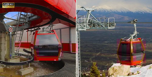 Red Gondola Ascending Snowy Mountain for Skiing