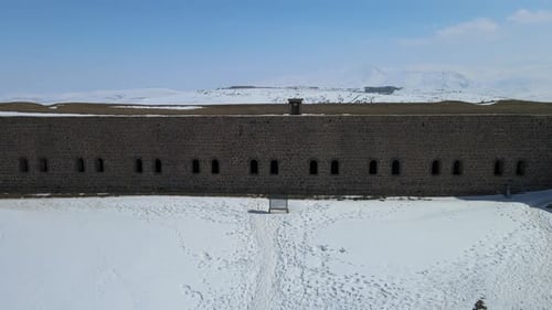 Drone View of Historic Stone Fortress in Winter
