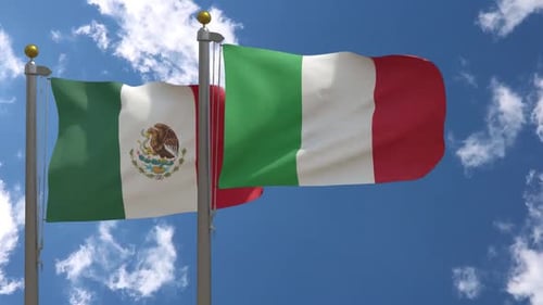 Realistic Italy and Mexico National Flags Waving Seamlessly in Blue Sky