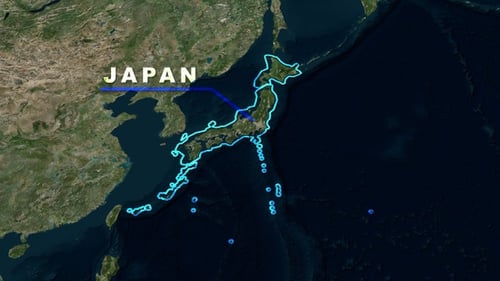 Animated World Map Zoom to Japan with Country Outline and Text Reveal