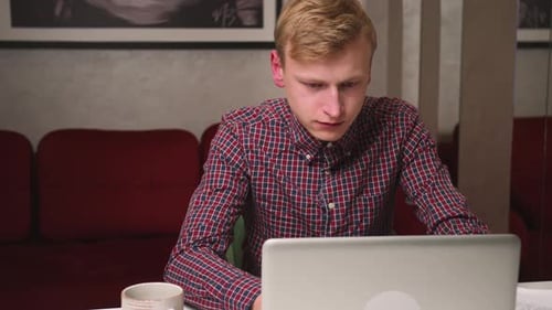 Caucasian Businessman Using Laptop Finished Work at Home Office Feel Tired From Work