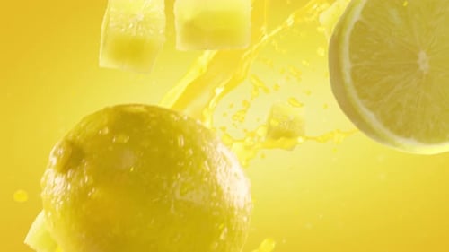 Dynamic Citrus Fruits Falling with Juice Splash