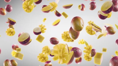 Mango mit Scheiben, die auf grauem Hintergrund fallen