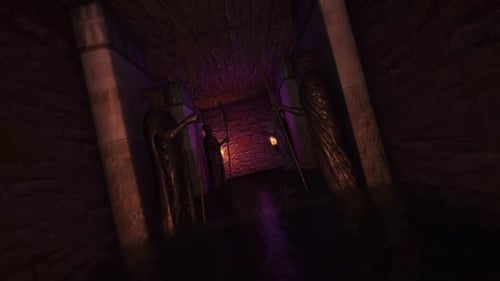 Dark Dungeon Corridor Flythrough with Guarding Figures