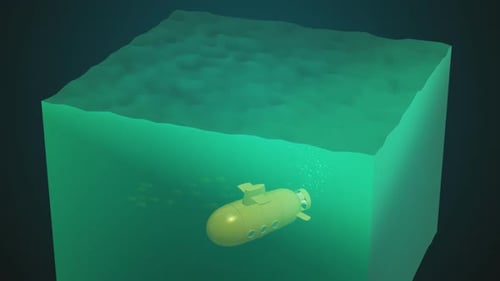 The yellow submarine is swimming underwater and immerging from the ocean.