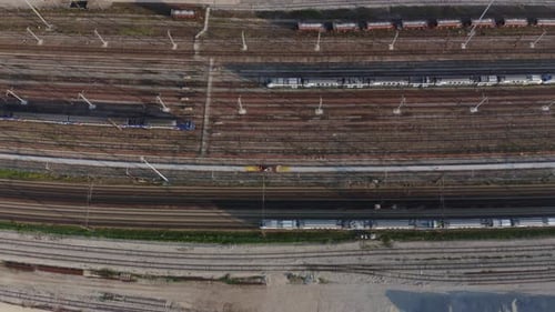 Aerial view. Modern high speed train. Railroad in landscape, aerial view from above.
