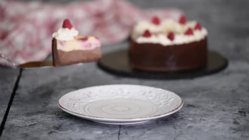 Piece of Chocolate Raspberry Cheesecake with Whipping Cream.