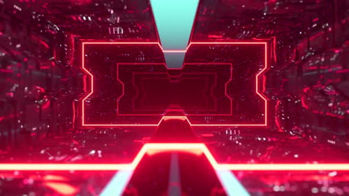 Futuristische Animation des Fliegens durch einen roten Tunnel mit Neonlichtern